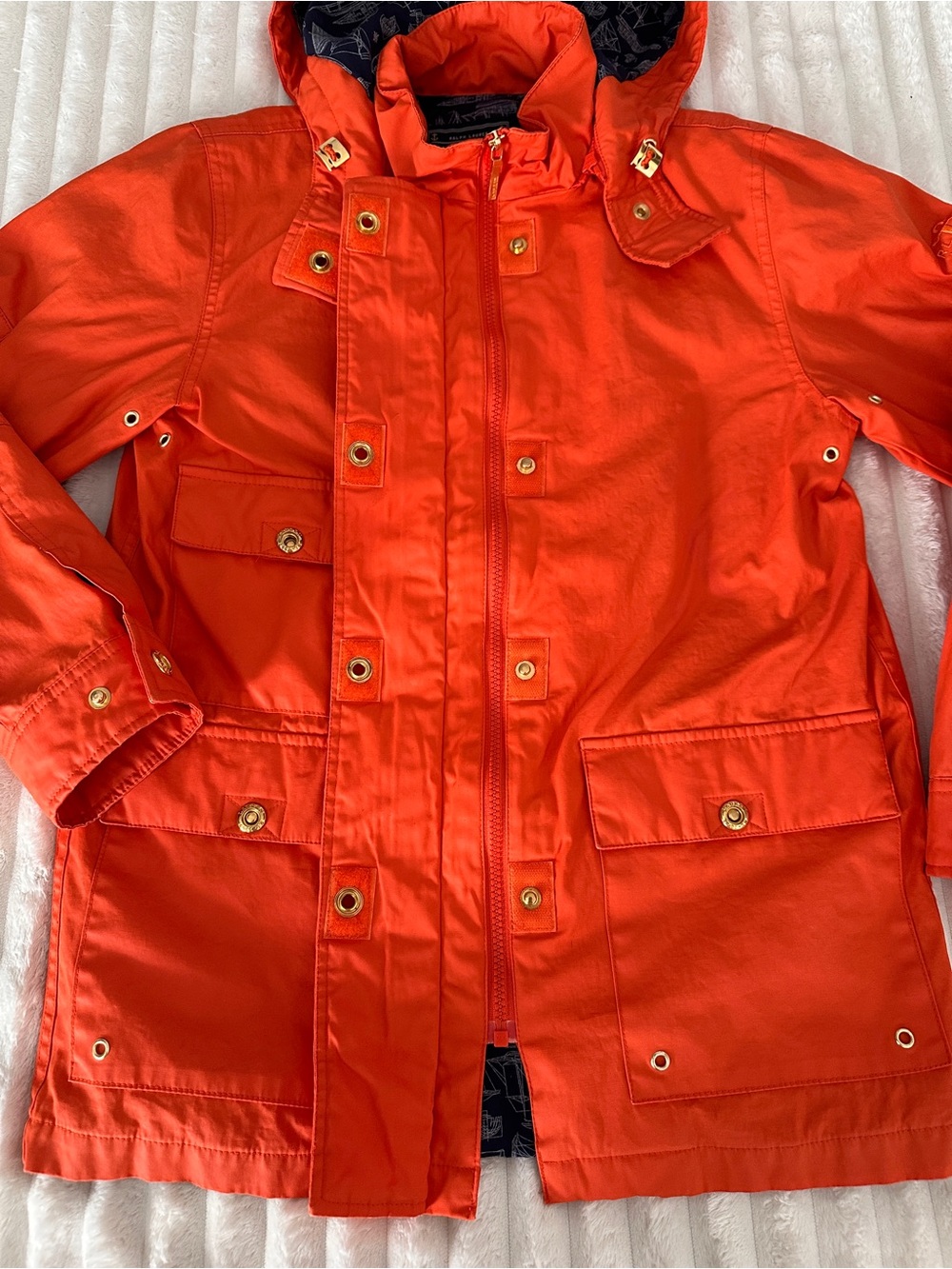 VINTAGE 90s Y2K Ralph Lauren Orange Marine Utility Hooded Rain Coat Gold Buttons - Picture 7 of 15